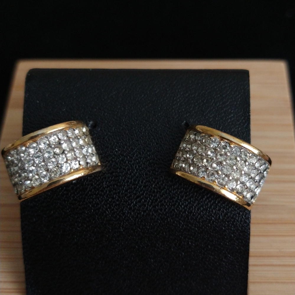 Vintage Givenchy Paris New York Gold Tone Pavé Crystal Clip On Earrings 1980s - Picture 3 of 5